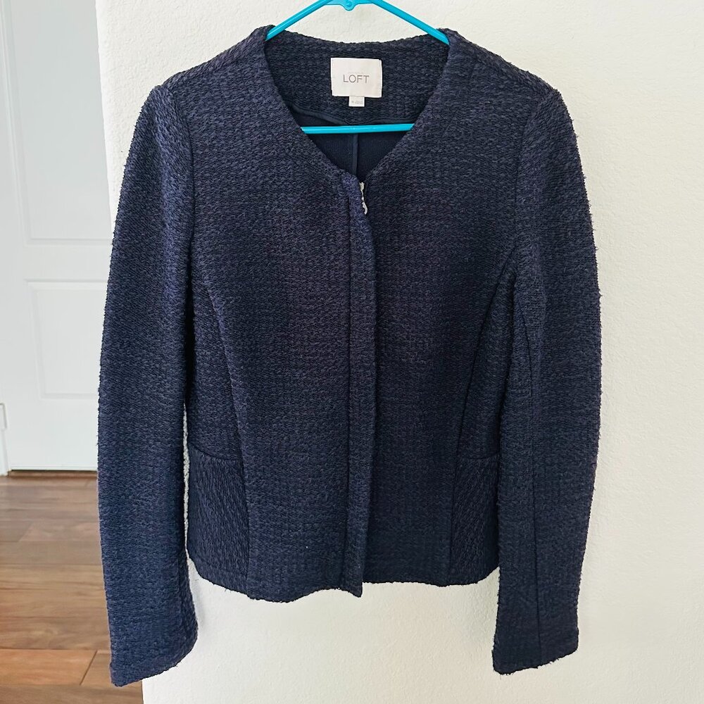 🌷Ann Taylor🌷 LOFT Women's Collarless Full Zip Long Sleeve Jacket in Navy Blue
